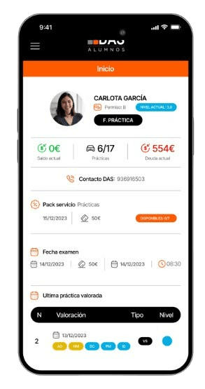 Pantalla de inicio de la app DAS Alumnos: saldo, prácticas y próximo examen